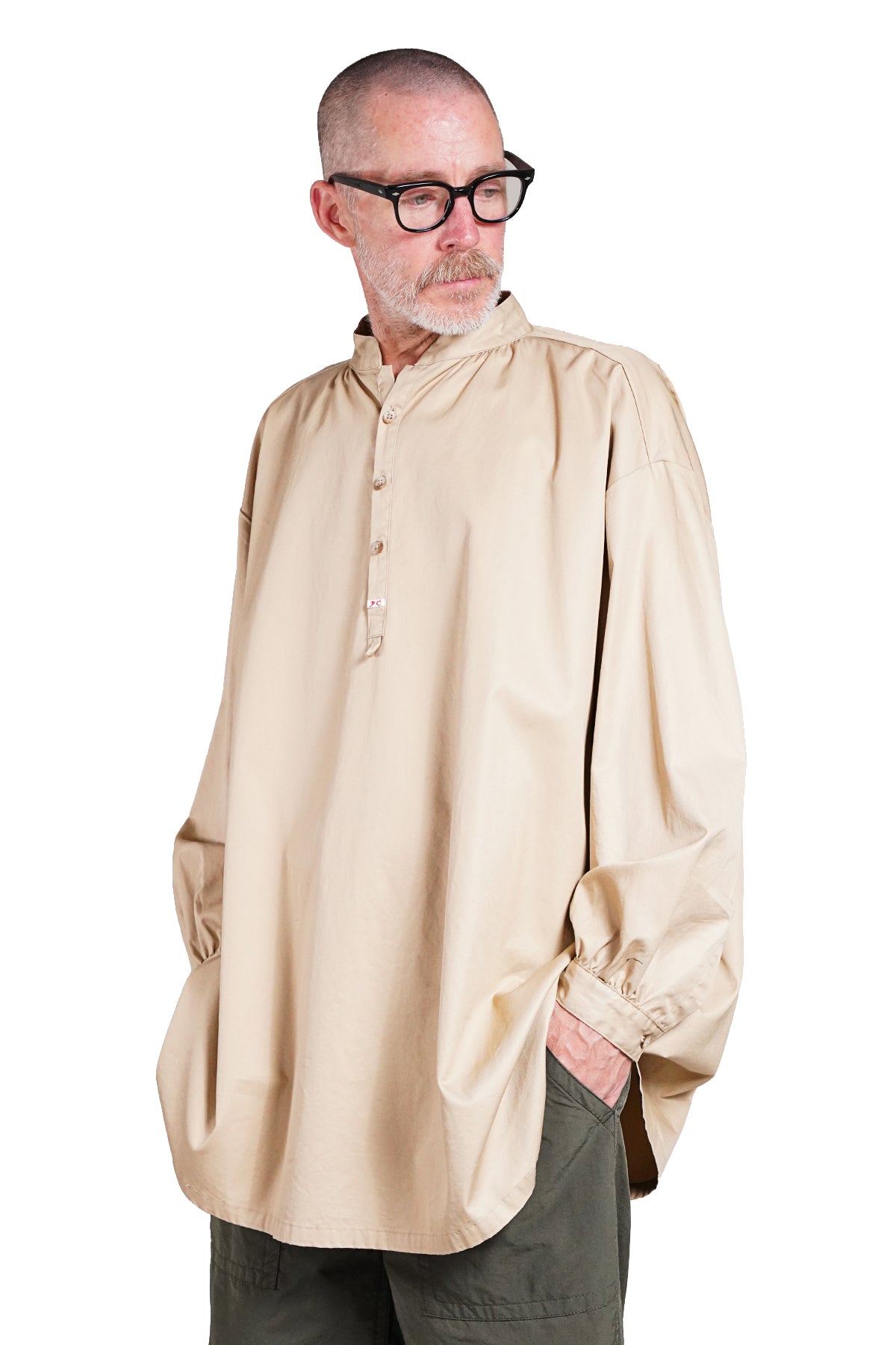 GABARDINE STAND COLLAR LONG SMOCK SHIRT
