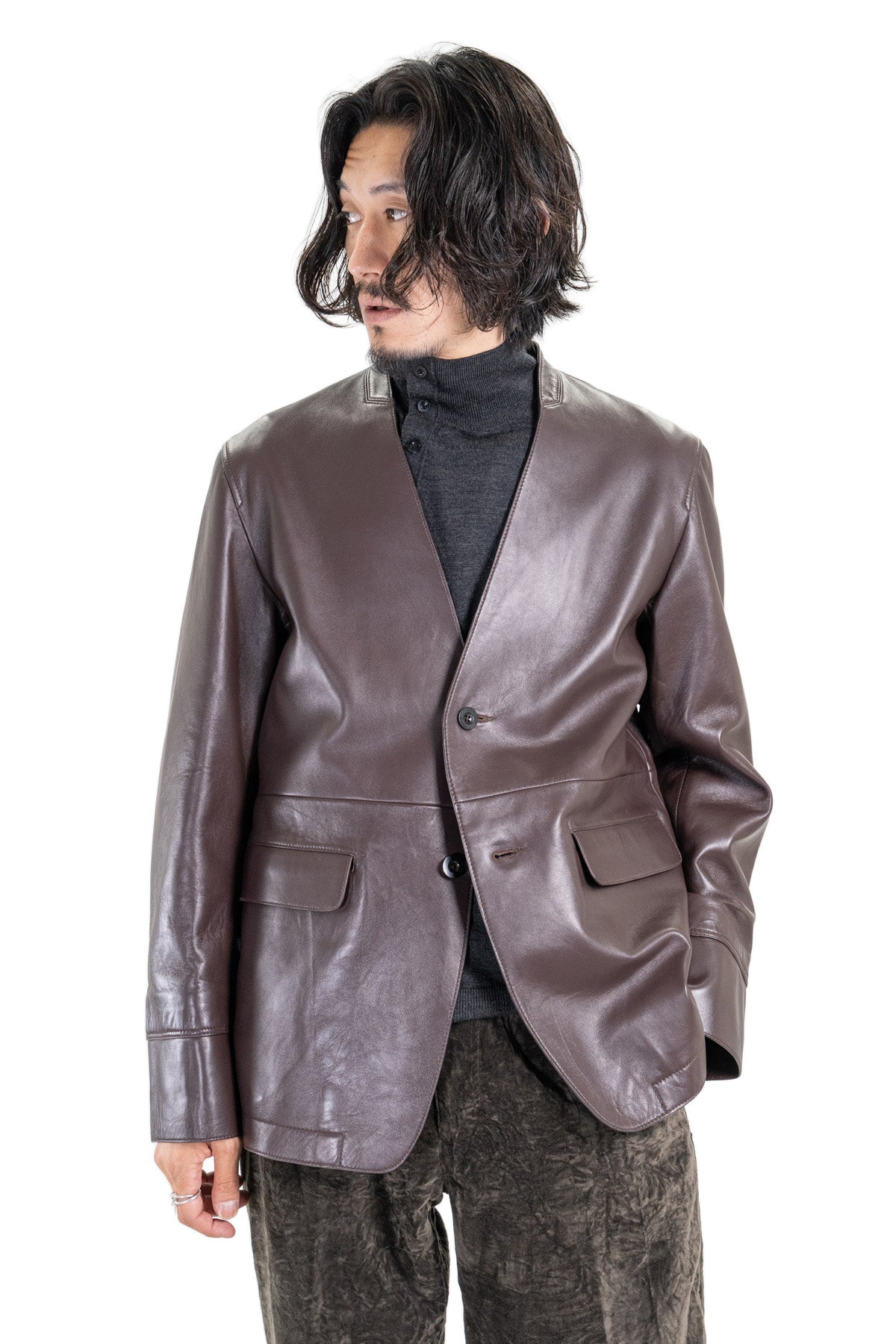 NO-COLLAR LEATHER JAKET