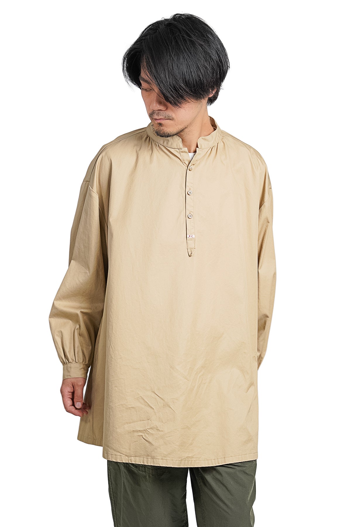 GABARDINE STAND COLLAR LONG SMOCK SHIRT