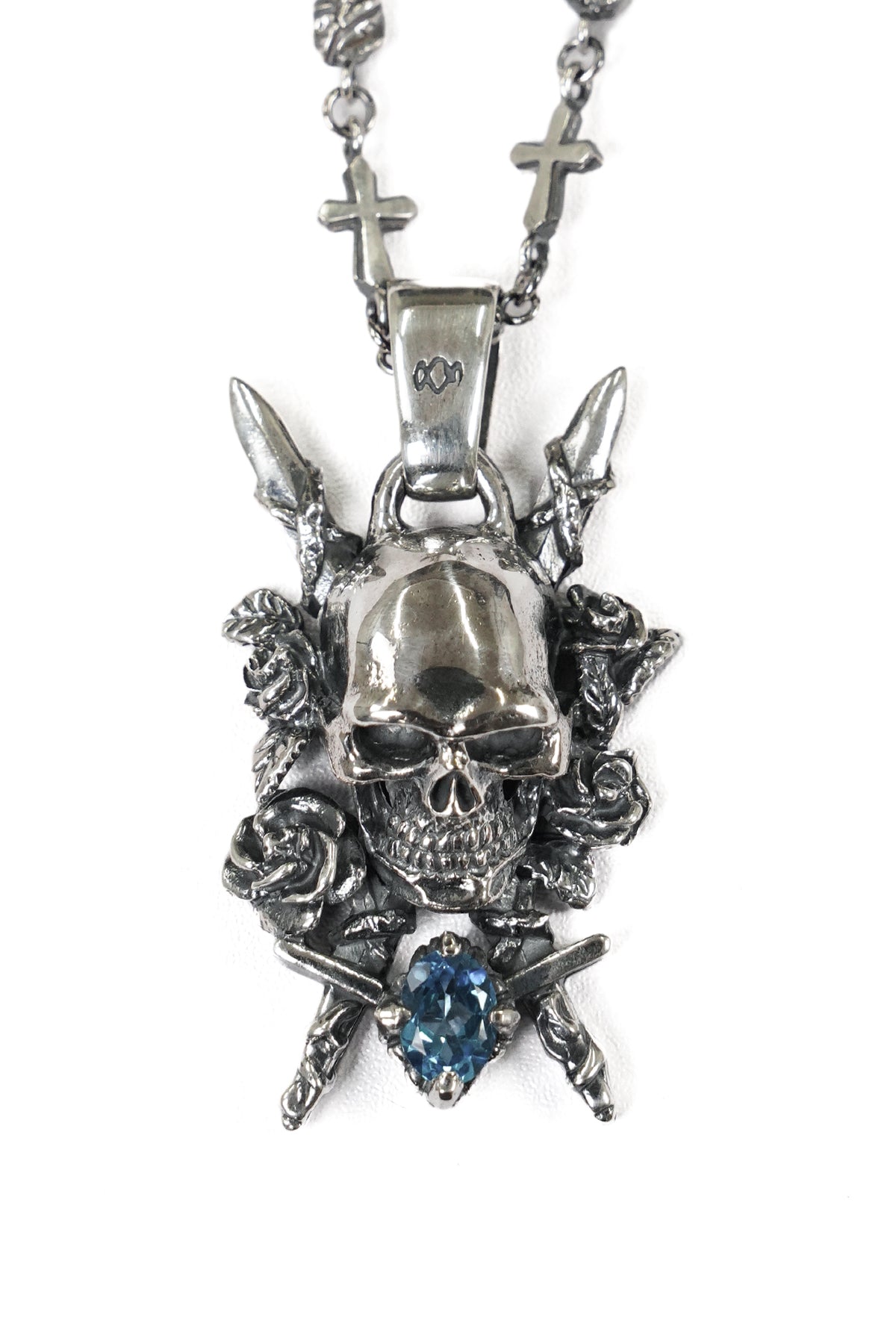 SILVER950/BLUE TOPAZ SCULL ROSE DAGGER PENDANT